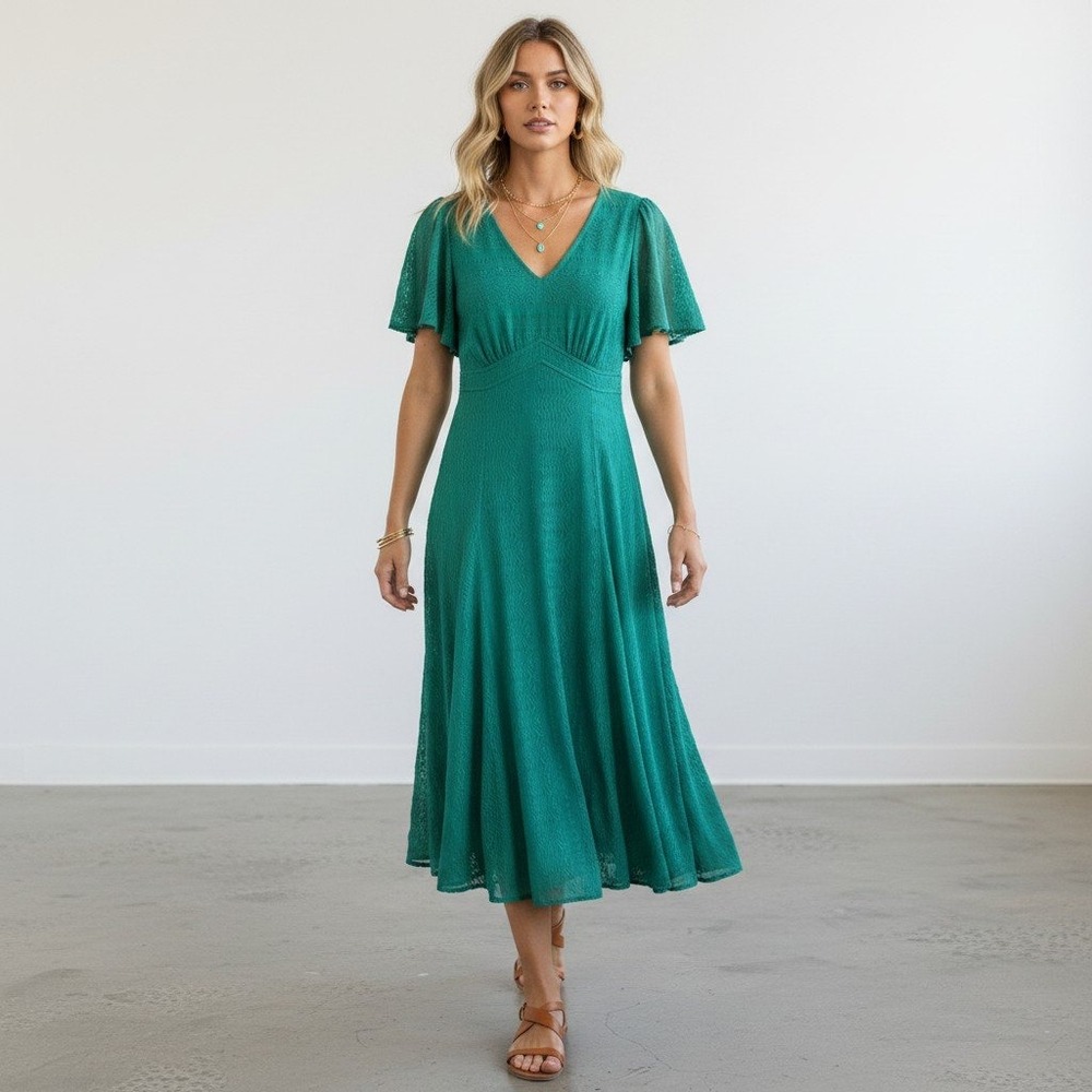 Rabbit Rabbit Rabbit Designs Teal Green Lace Midi Dress V-Neck Size 12